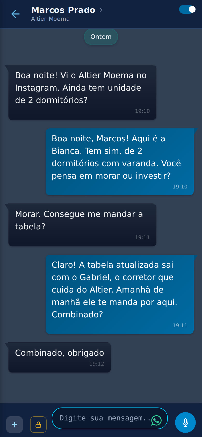 A conversa do Marcos aberta na Bianca